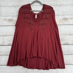 Free People Lace Trim Sleeveless V-Neck Blouse Womens Large Brown Red